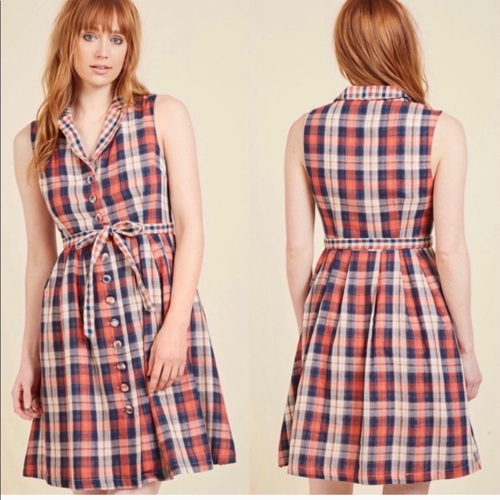 ModCloth Red and Blue Gingham Tie Front Dress, 3x